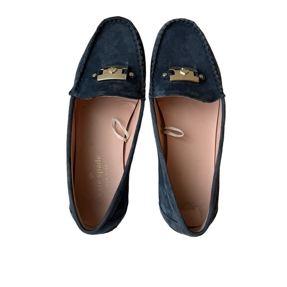 Kate Spade Carmen Navy Blue Suede Silver Emblem Driving Loafer Leather Upper - Picture 3 of 11